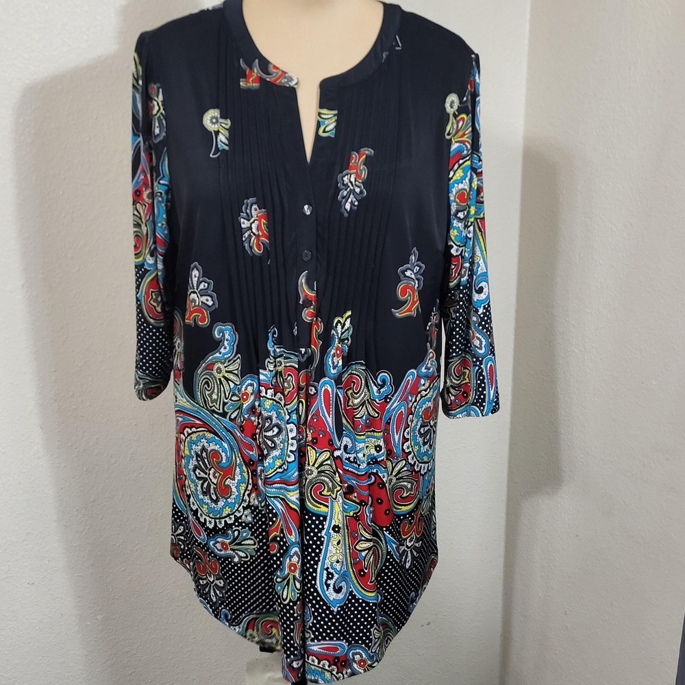 Serengeti Shirt Womens 1X Black Paisley Henley Tunic Top 3/4 Sleeve Stretch